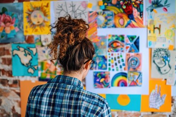 Creative individual admiring colorful art on a gallery wall, showcasing inspiration and artistic expression in a vibrant workspace.