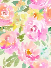 A seamless pattern of abstract roses and flowers painted in watercolor. A floral wallpaper pattern...