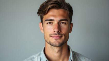 Obraz premium A handsome young man with short tousled hair, dressed in a casual button-up shirt, smiles warmly at the camera, exuding friendliness and approachability suitable for lifestyle or casual themes.