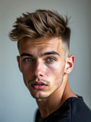 Fototapeta premium A close-up portrait of a young man with tousled blonde hair, looking off-camera with an expression of surprise. His casual attire and the neutral background emphasize his striking features.