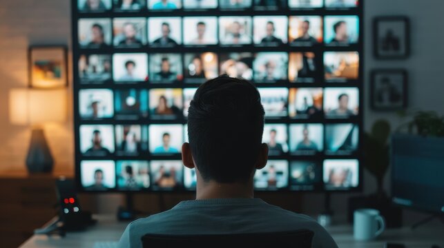 A man sitting in a home office, attending a large virtual meeting displayed on multiple screens filled with participant video thumbnails.