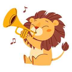 Flat vector illustration in children's style. Cute lion cub playing trumpet. White background. Vector illustration