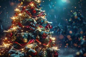 Festive 3D render of a beautifully decorated Christmas tree with twinkling lights, created by ai