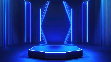 Blue-lighted hexagon podium for product display, with a sleek 3D design and geometric elements in the background.