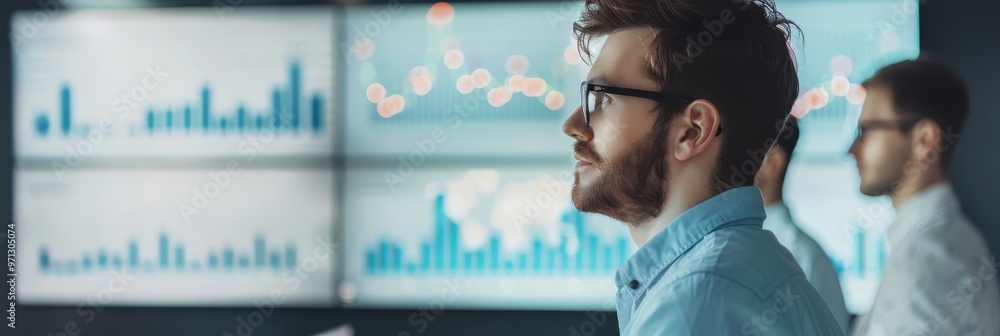 Poster a team of financial analysts in an office reviewing data and graphs displayed on large monitors, foc