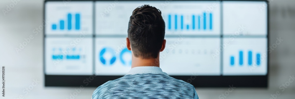Poster a team of financial analysts in an office reviewing data and graphs displayed on large monitors, foc