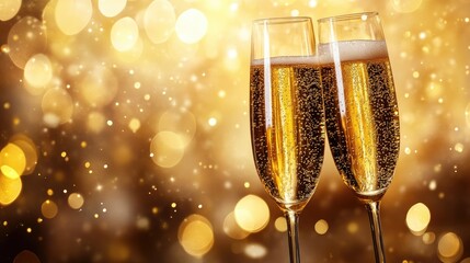 Celebratory champagne backdrop with golden bubbles and lights, perfect for New Year's Eve with copy space for festive messages.
