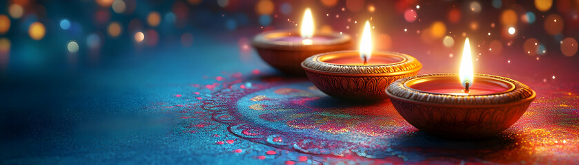 Glossy Background with Floating Diwali Lamps and Intricate Rangoli Patterns - Celebrate Cultural Festivity and Warmth in Vibrant Stock Photo