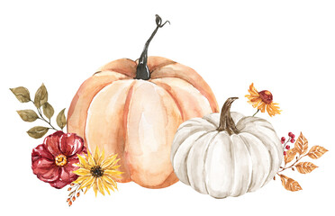 Hand-painted watercolor orange and white gourds with autumn foliage, seasonal flowers, berries. PNG clipart.