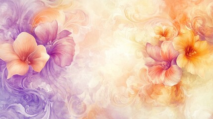 Obraz premium Beautiful swirling floral patterns in light purple, orange, and yellow, with delicate watercolor textures and intricate details, evoking a whimsical atmosphere