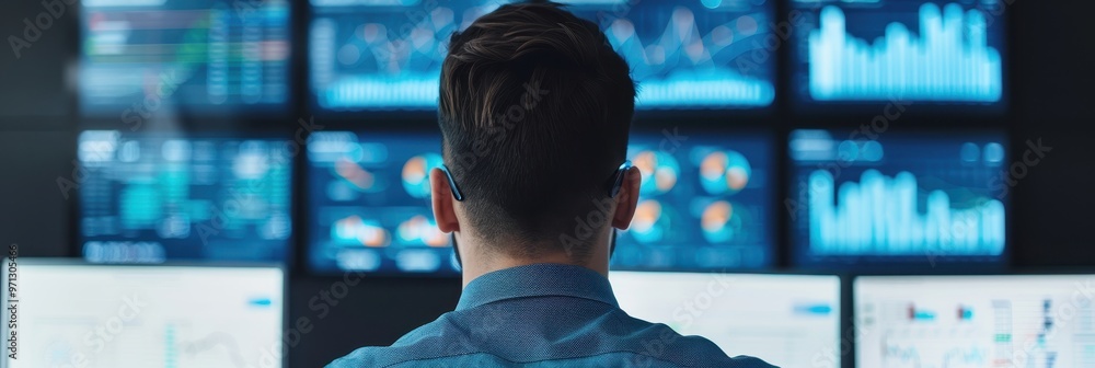 Poster a team of financial analysts in an office reviewing data and graphs displayed on large monitors, foc
