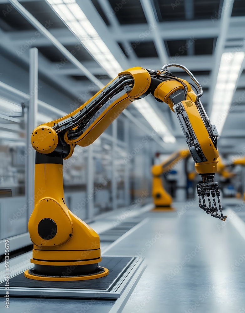 Poster yellow robot arm in a factory setting