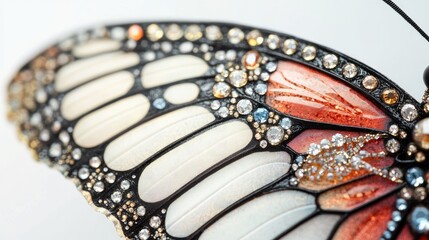 Fototapeta premium Close-up of a butterfly's wings decorated with radiant diamonds and beautiful jewels, creating an abstract, luxurious design on a white background