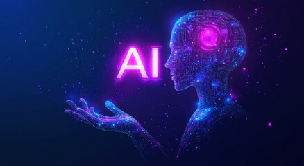 Futuristic depiction of artificial intelligence with digital humanoid holding AI text