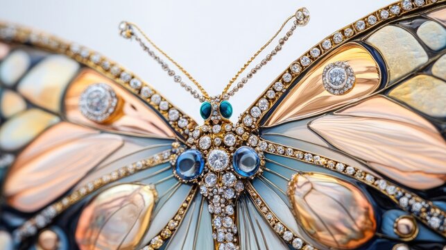 Abstract butterfly wings adorned with radiant diamonds and intricate jewelry designs, set in a vibrant close-up against a white backdrop