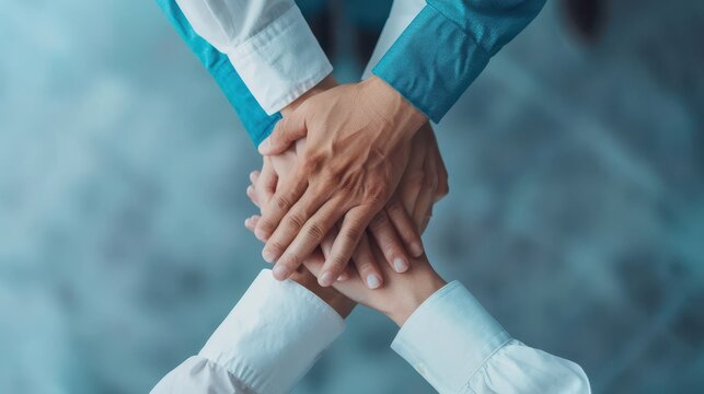 Top view of diverse hands joined together in a show of unity and teamwork, with colorful sleeves on a textured background.