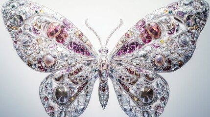 Abstract close-up of a large butterfly with wings intricately decorated in jewels and diamonds, set against a white background