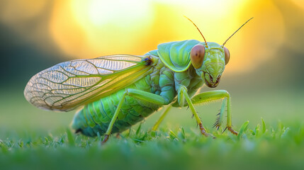 A captivating close-up image features a mesmerizing green insect with prominent eyes perching on vibrant green grass during a serene sunrise, an ode to nature's gentle embrace.