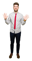 Young handsome business man showing and pointing up with fingers number ten while smiling confident and happy.