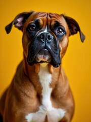 Obraz premium A close-up portrait of a brown dog with soulful, expressive eyes, standing against a vivid yellow background, capturing the dog's keen curiosity and engaging demeanor in a captivating image.