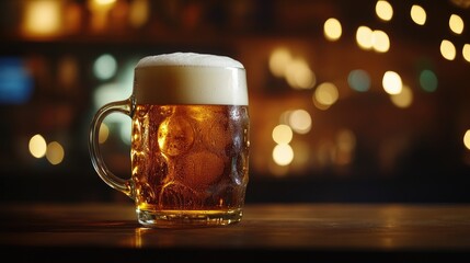 Cold mug of beer with a thick foam head, placed on a wooden table in a cozy, dimly lit setting, capturing the essence of relaxation.