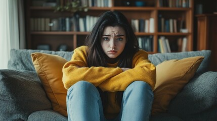 Sad woman in a yellow sweater sitting on a couch