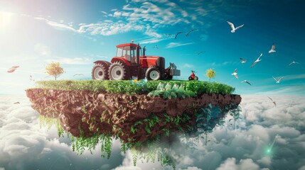 3d illustration of smart farming concept, tractor on a floating piece of land with farm meadow and crops. farm rural on a flying island, digital farming concept 3d design with clouds and birds