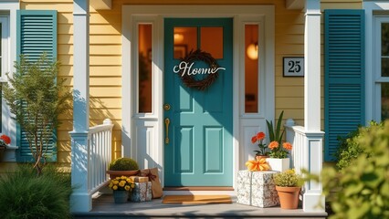 A vibrant yellow house features a blue front door, 'Home' wreath, potted plants, and wrapped gifts, creating a festive, warm, and inviting atmosphere on a sunny day.