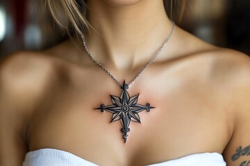 Fototapeta premium A tattoo of a compass rose, intricately detailed, resting on the chest, symbolizing guidance and exploration