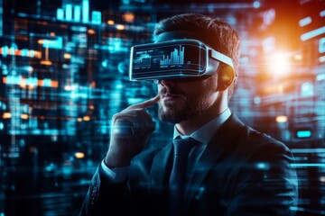 Businessman in suit wearing VR headset analyzing virtual data in a futuristic environment.
