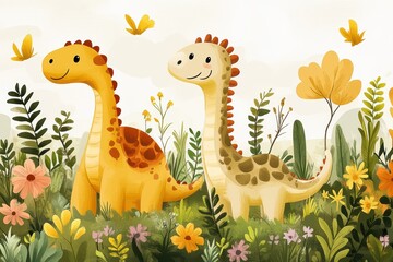 Two Adorable Dinosaurs in a Lush Garden