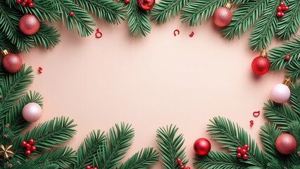 A festive image displaying evergreen branches adorned with ornaments, surrounding a space suitable for text, capturing the essence of Christmas and the holiday spirit.