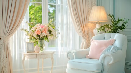 A serene living room scene with a soft armchair, elegant curtains, and a bouquet of flowers, ideal for a cozy atmosphere.
