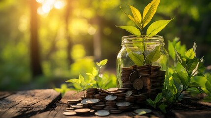 Plant Growing from Coins in a Jar