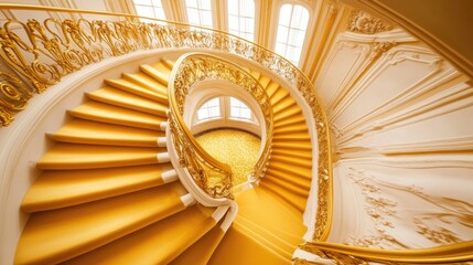 Elegant golden staircase with a luxurious yellow carpet, spiraling upwards in a grand interior setting, exuding wealth and opulence.