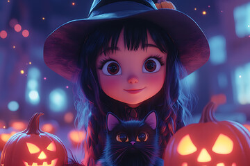 A beautiful witch wearing a black magic hat stands with a broom, while a black cat sits at her feet. Carved Halloween pumpkins are placed on the ground, creating a festive scene