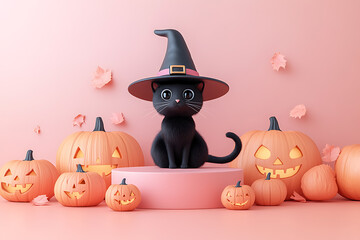 A beautiful witch wearing a black magic hat stands with a broom, while a black cat sits at her feet. Carved Halloween pumpkins are placed on the ground, creating a festive scene