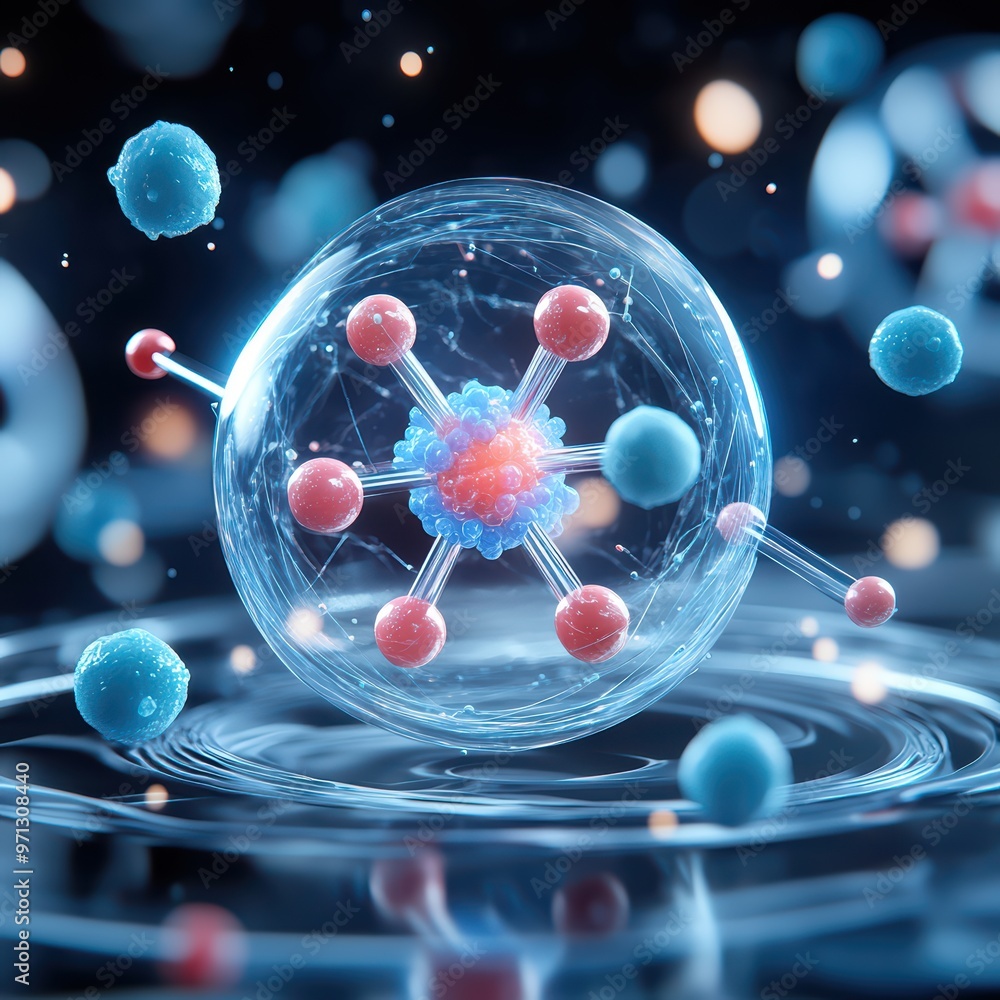 Poster a stunning and vibrant 3d rendering of an atom with particles, showcasing the beauty of science and 