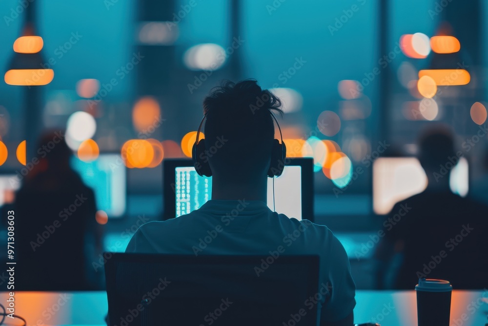 Poster programmer wearing headphones, working late at night in front of multiple computer screens, with blu
