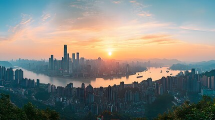 Naklejka premium Sunset over a River City Skyline with a Lush Green Foreground