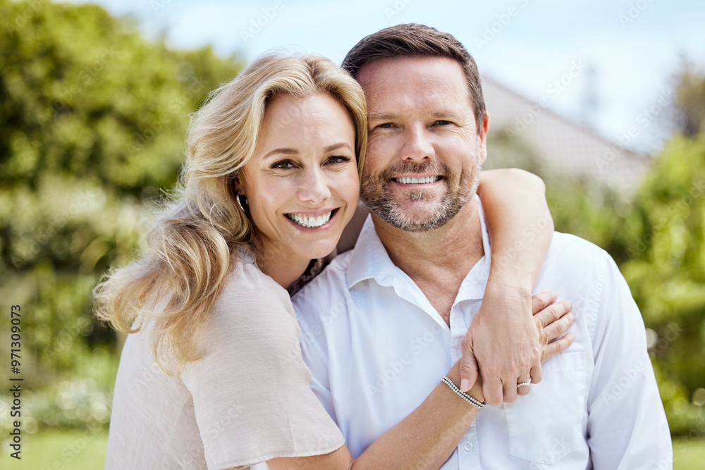 Poster Portrait, hug and happy couple in nature for love, care and support together on holiday. Face, man and woman embrace outdoor for romance, marriage and bonding for connection or relationship on date