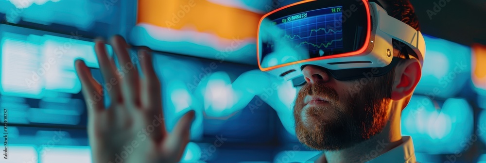Aufkleber close-up of a man wearing a vr headset interacting with digital data visualizations in a futuristic,