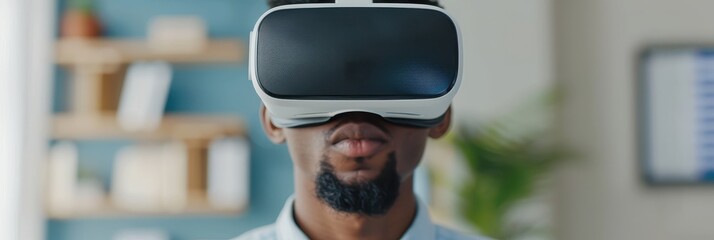 A man using a virtual reality headset in a modern office environment, with colleagues standing blurred in the background