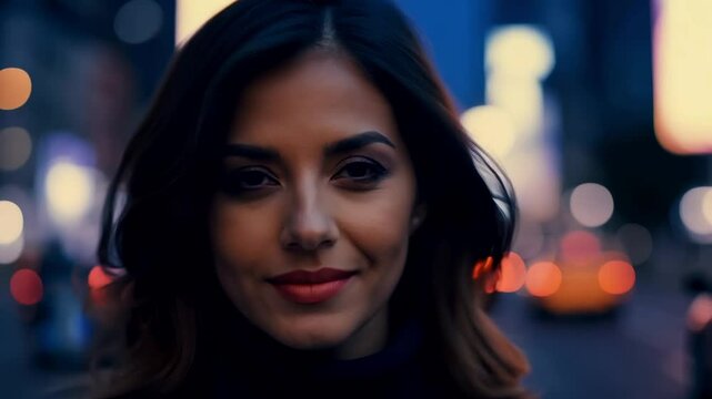 A cinematic wide portrait of a woman smiling softly, her face lit by the warm, glowing lights of the city at night, creating a dreamy urban atmosphere

