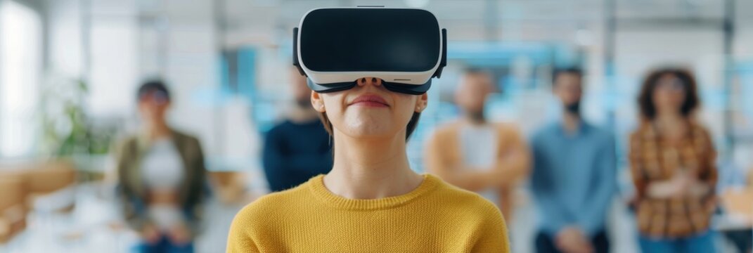 A young woman using a virtual reality headset in a modern office environment, with colleagues standing blurred in the background