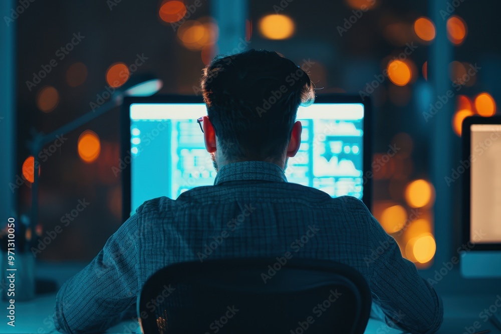 Poster a man seen from behind working at his desk late at night, analyzing data on multiple computer monito