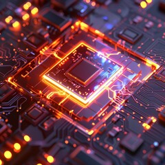 Obraz premium Neon glowing circuit board with a glowing chip, perfect for technologythemed designs in need of a futuristic and vibrant touch.