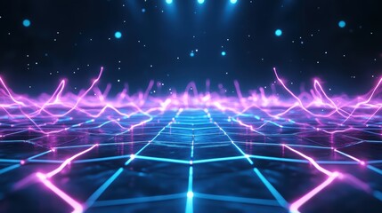 A vibrant, futuristic landscape featuring glowing waves of light on a grid, ideal for technology and abstract themes.