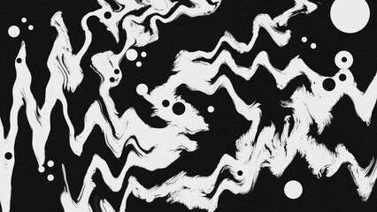 Abstract black and white background with wavy lines. Grainy texture. Experimental monochromatic wallpaper for web, poster, card, cover, packaging or branding.