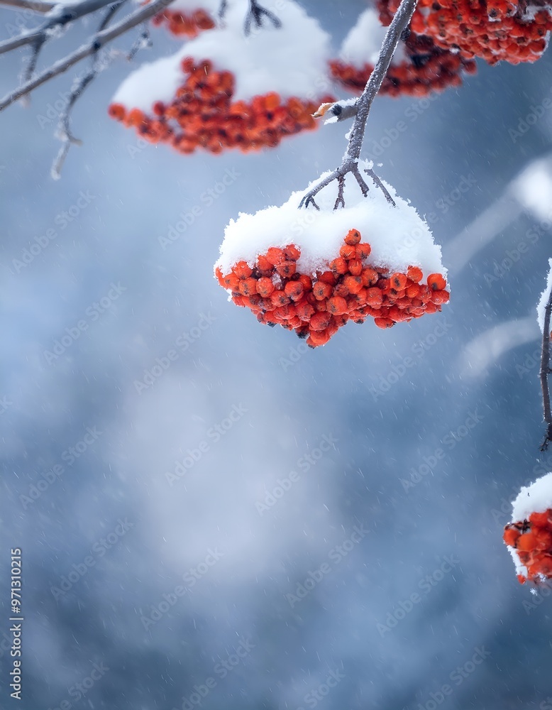 Poster red berries on snowfall with copy space